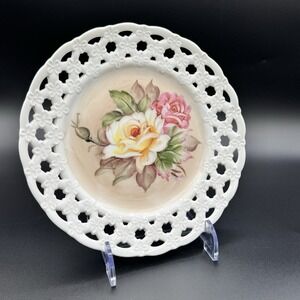 Lefton Vintage Hand Painted Rose Lattice Plate 8" Openwork 6053N Cottagecore